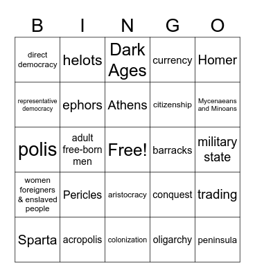 Ancient Greece Part I Bingo Card