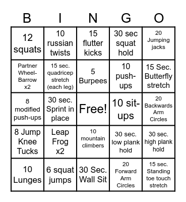 Play-60 Fitness Bingo Card