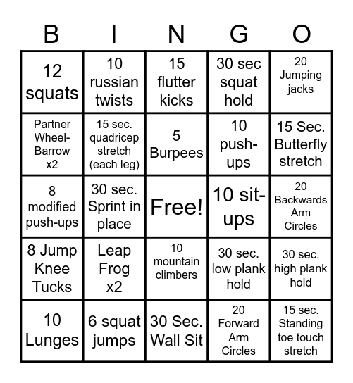 Play-60 Fitness Bingo Card