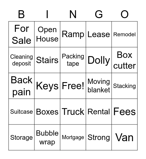 Moving Time - Bingo Card
