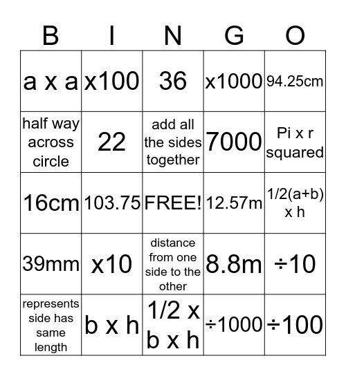 Measurement and area Bingo Card