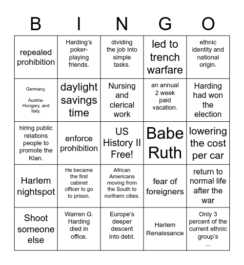 Semester Exam Bingo Card