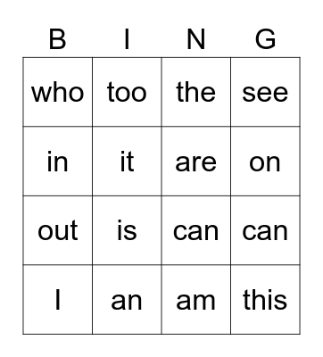 Sight Words Bingo Card