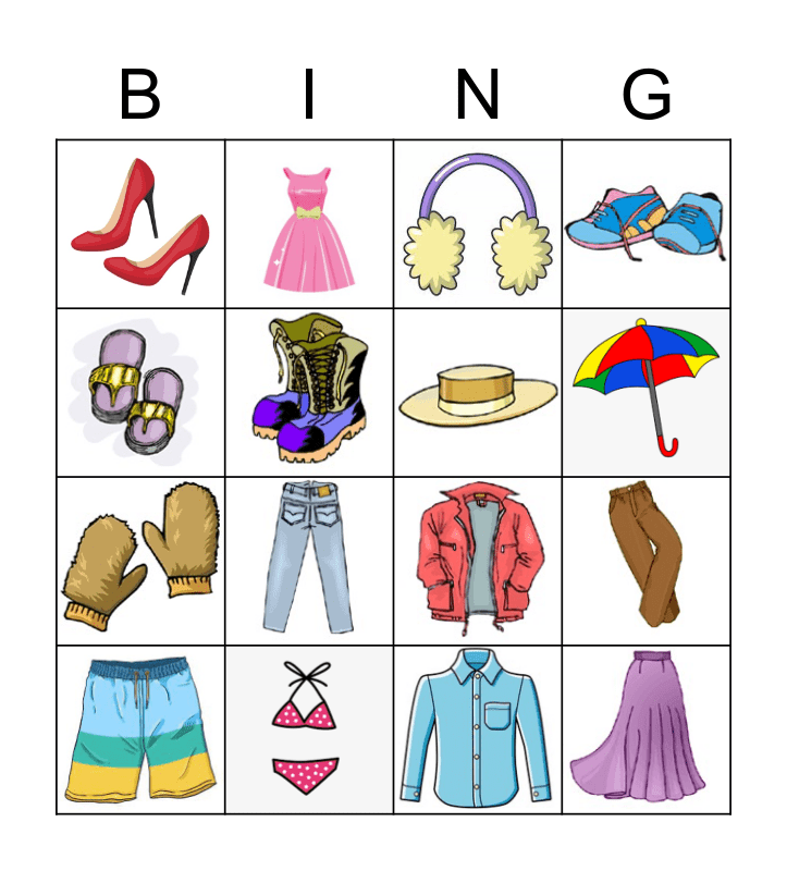 Auslan Clothing Bingo Card