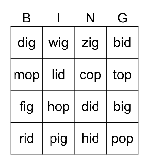 CVC Words Bingo Card