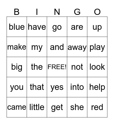 sight words Bingo Card