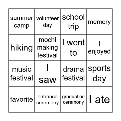 My Favorite Memory Bingo Card