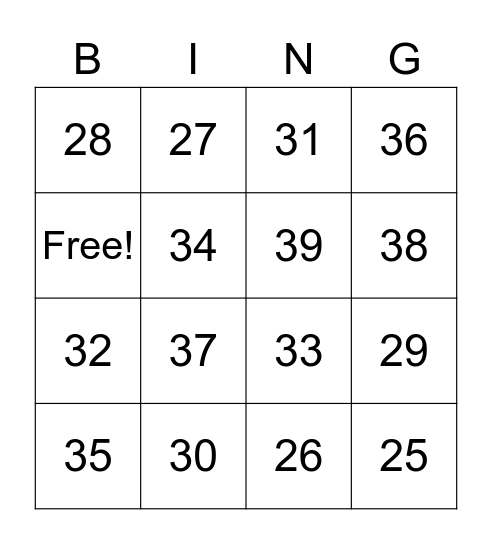 Numbers Bingo Card