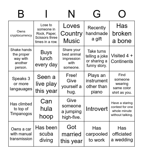 Use same person only 1 time Bingo Card