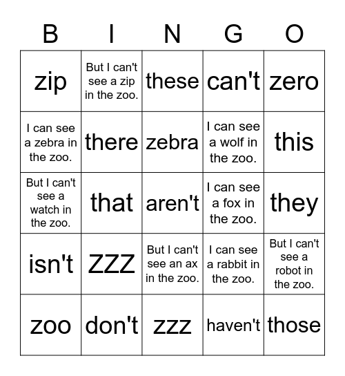 Starter B ZZZ Bingo Card