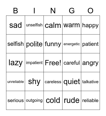 Personality Bingo Card