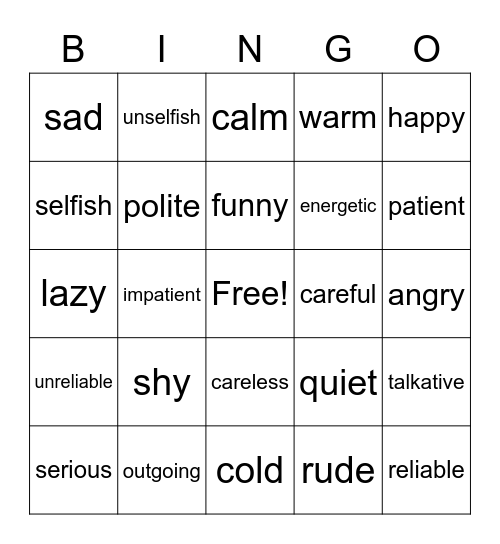 Personality Bingo Card