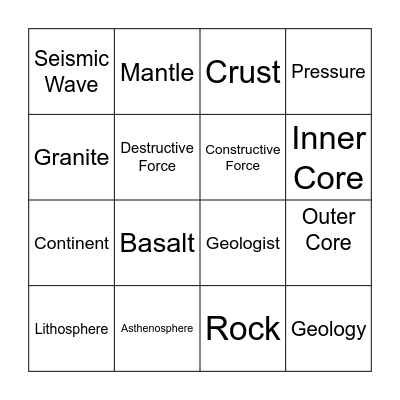 Earth's Interior Vocabulary Bingo Card