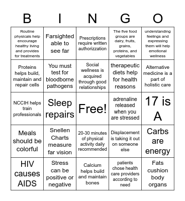 Wellness and Nutrition Bingo Card
