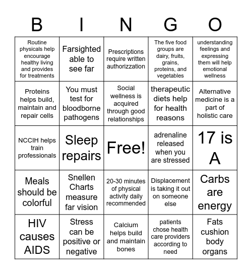 Wellness and Nutrition Bingo Card