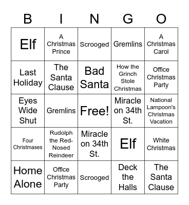 Home Team - Christmas Movies Bingo Card