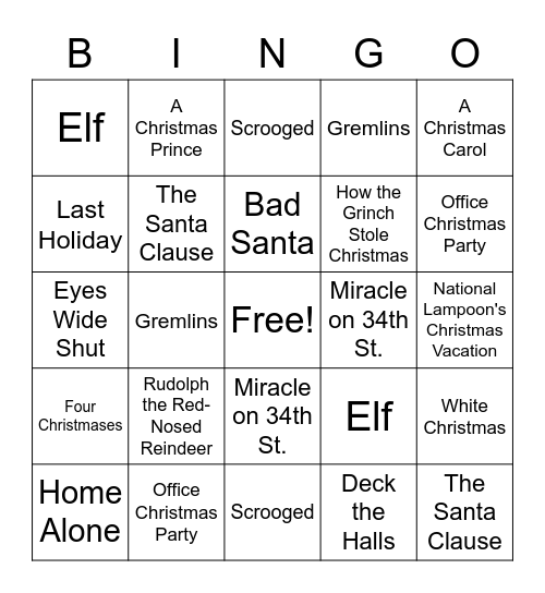 Home Team - Christmas Movies Bingo Card
