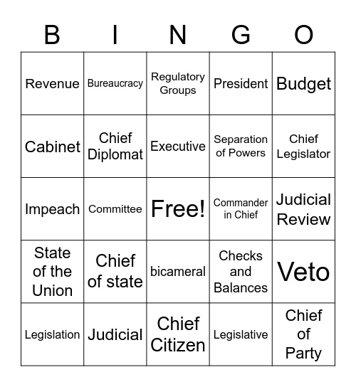 CE. 6 Federal Government Bingo Card
