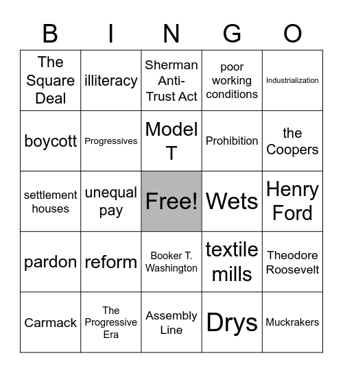 The Progressive Era Bingo Card