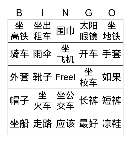 交通方式 Bingo Card