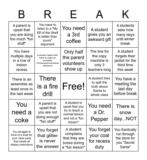 Teacher Winter Break Bingo Card