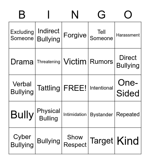 Anti-Bullying Bingo Card