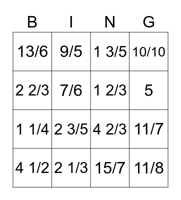 Mixed and Improper Fractions Bingo Card