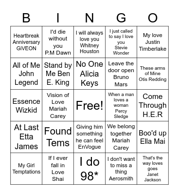 Bridal Love Song BINGO Card