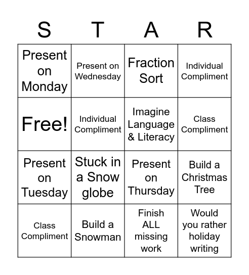Assignments 12/13-12/16 Bingo Card