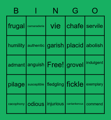 English Vocabulary Set 2 Bingo Card