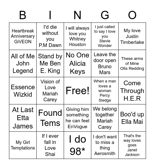 Bridal Love Song BINGO Card