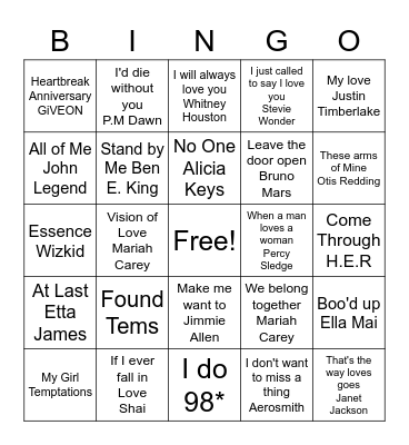 Bridal Love Song BINGO Card