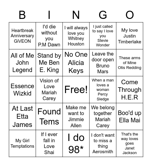 Bridal Love Song BINGO Card