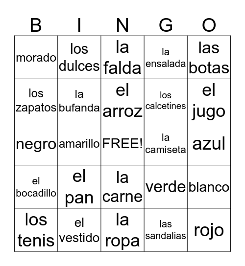 la ropa-la comida Bingo Card