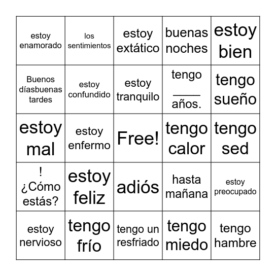 los sentimientos Bingo Card