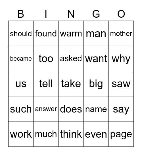 Sight Words Bingo Card