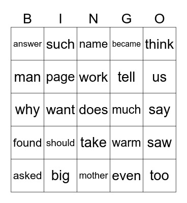 Sight Words Bingo Card