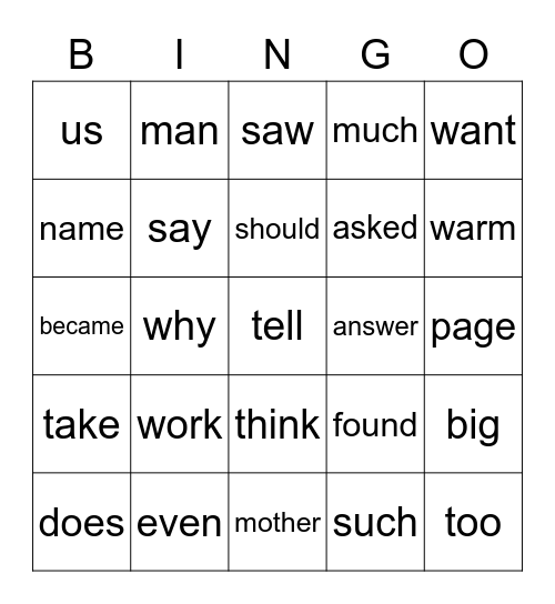 Sight Words Bingo Card
