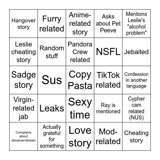 LeslieNGGG Confessions Bingo Card