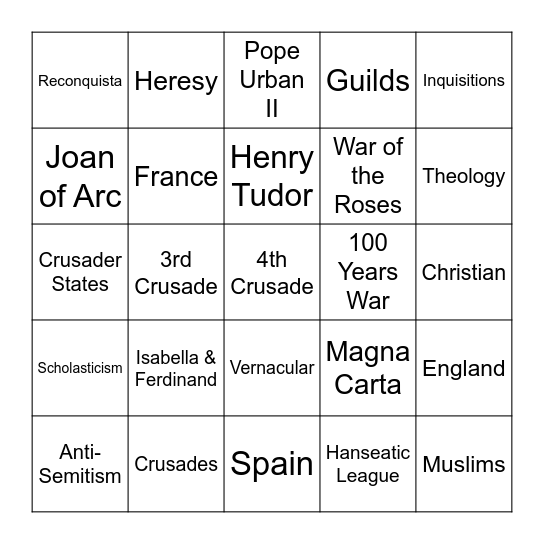 Late Middle Ages Review Bingo Card