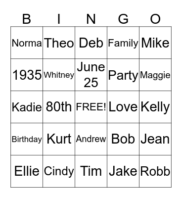 80th Birthday Bingo Card