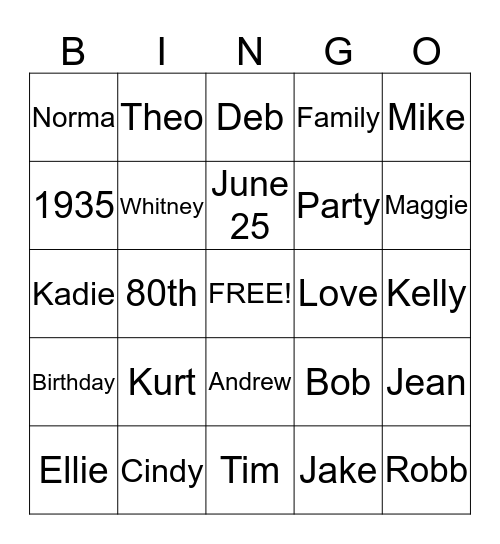 80th Birthday Bingo Card