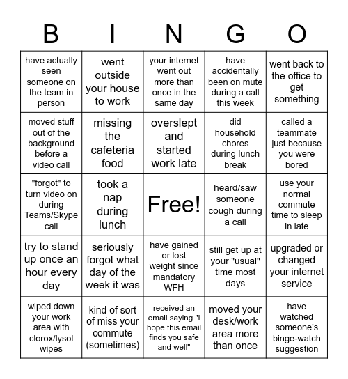 Work From Home Bingo Card