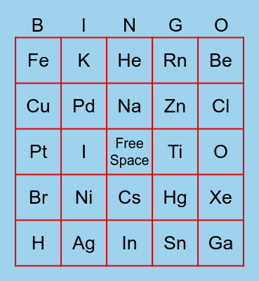 Periodic Table Bingo (First 20 elements) Bingo Card