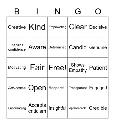 MLA Inclusive Leadership Bingo Card