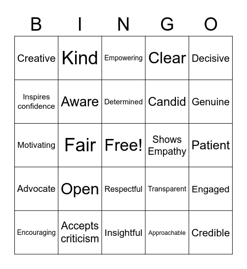 MLA Inclusive Leadership Bingo Card