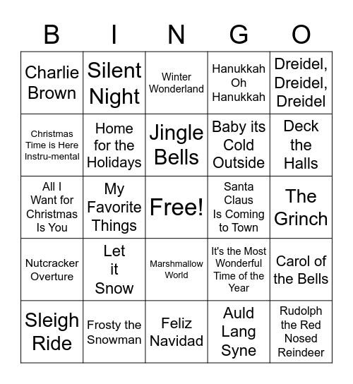 Holiday Song Bingo Card