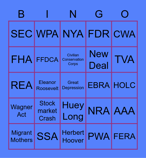 New Deal Programs Bingo Card