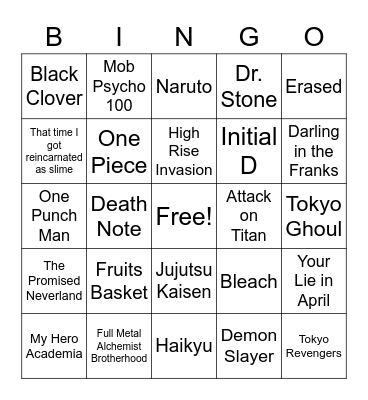 Anime Songs Bingo Card