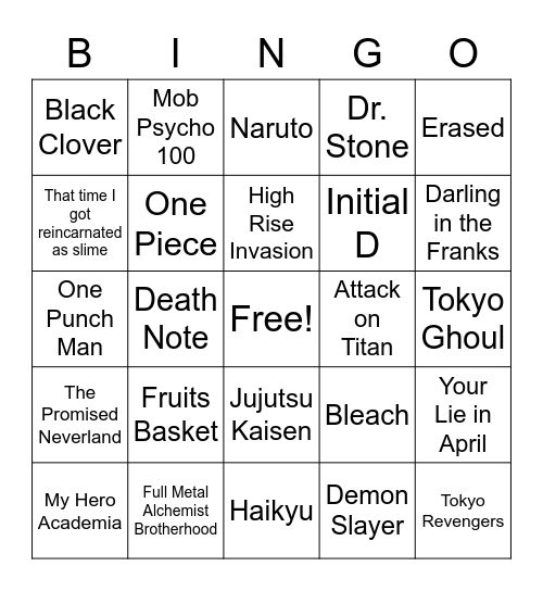 Anime Songs Bingo Card